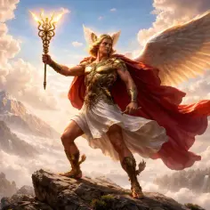 Hermes mitologia: skrzydlaty posłaniec bogów z kaduceuszem w dłoni, na tle gór i chmur.