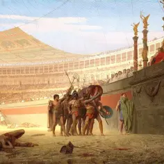 Gladiatorzy w amfiteatrze, gotowi do walki, podczas gdy widzowie obserwują z trybun.
