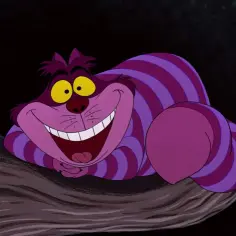 Uśmiechnięty, fioletowo-pasiasty Kot z Cheshire leży na gałęzi.