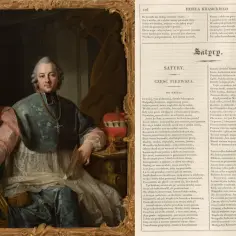 Portret duchownego w stroju, obok tekst satyry do króla. Krótka satyra do króla streszczenie.
