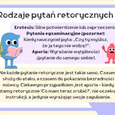 Ilustracja wyjaśnia rodzaje pytań retorycznych: erotesis i aporia. Czy to nie fascynujące, jak słowa mogą wyrażać tyle znaczeń?
