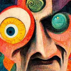 Dadaizm co to? Surrealistyczny portret z wykrzywioną twarzą, wielkimi, kolorowymi oczami i wirującymi kształtami.