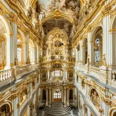 Złocona, monumentalna architektura barokowa z malowidłami na suficie i rzeźbami.