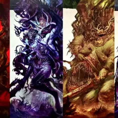 Cztery przerażające istoty, każdy demon w swoim mrocznym stylu. Jeden z rogami i toporem, inny z licznymi mackami, trzeci o cielsku zgnilizny, a czwarty w fioletowych szatach.