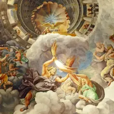 Malowidło przedstawia scenę z mitologii, gdzie Zeus ciska piorunami. To doskonały przykład, co to jest mitologia.