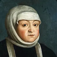 Portret królowej Bony w białym czepcu i czarnej sukni.