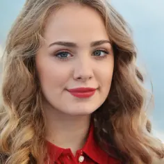 Młoda, uśmiechnięta gosiewska aktorka z burzą blond włosów i czerwoną szminką na ustach.
