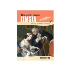 Okładka książki "Zemsta" Aleksandra Fredry, klasyka polskiej literatury i sztuki. Obraz przedstawia scenę z epoki.