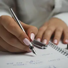 Dłoń z różowym lakierem pisze piórem po notatniku. Czasem życie to taki paradoks: planujesz, a potem i tak wszystko idzie po swojemu.