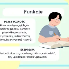 Chłopiec pisze, a tekst wyjaśnia, jak trafne epitety, niczym pociągnięcia pędzla malarza, tworzą nastrój i ekspresję.