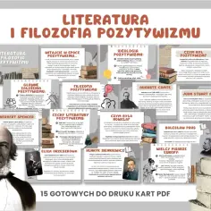 Literatura i filozofia pozytywizmu. Obraz przedstawia portrety pisarzy i myślicieli, którzy tworzyli w duchu ewolucjonizmu i pozytywizmu.