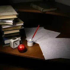 Stos książek, jabłko, budzik i pióro z kałamarzem na biurku. Inspiracja do napisania felietonu.