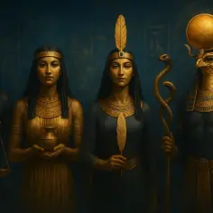 Postacie z mitologii egipskiej: Anubis z wagą, dwie kobiety, jedna z wazą, druga z piórem, oraz Horus z dyskiem słonecznym.