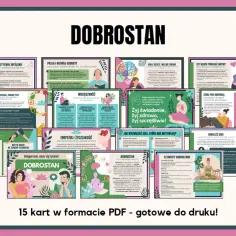 Ilustracja przedstawia kolaż grafik i tekstów na temat dobrostanu, z hasłem "DOBROSTAN" na górze.