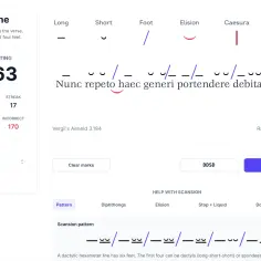 Interfejs do nauki skanowania wersów łacińskich, z zaznaczonym heksametrem i analizą stopy metrycznej.