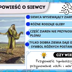 Ilustracja przedstawia przypowieść o siewcy, który rozsiewa ziarno. Symbolizuje to różne postawy wobec nauki i wartości, jak w przypowieści o siewcy.