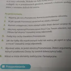 Zadania po przeczytaniu tekstu o micie o Prometeuszu. Pytania dotyczą pochodzenia człowieka, buntu Prometeusza i jego kary.