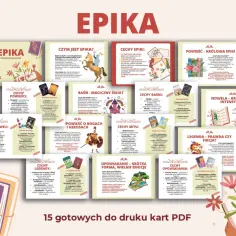 EPIKA: poznaj świat opowieści. Karty PDF prezentują cechy epiki, baśni, mitów, legend, powieści, noweli i opowiadań.