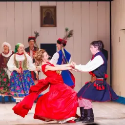 Tancerze w barwnych strojach ludowych wirują na scenie, tworząc radosny wodewil.