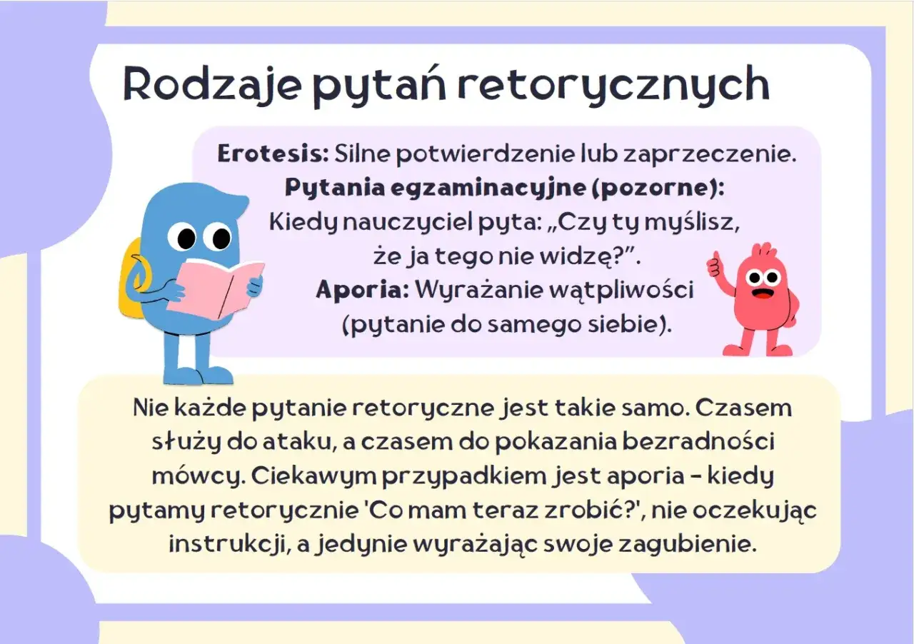 Ilustracja wyjaśnia rodzaje pytań retorycznych: erotesis i aporia. Czy to nie fascynujące, jak słowa mogą wyrażać tyle znaczeń?