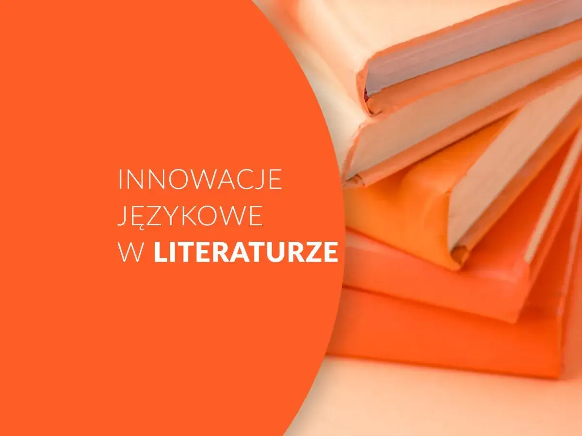 Pomarańczowe książki symbolizują innowacje językowe w literaturze, gdzie każdy neologizm otwiera nowe światy.