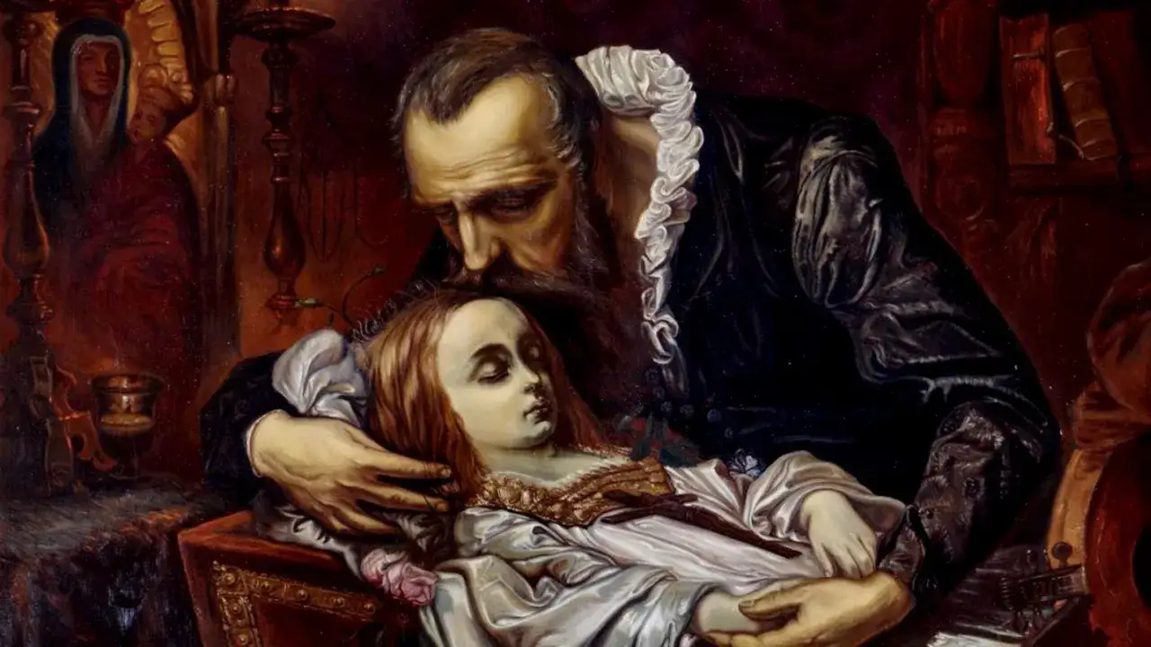 Jan Kochanowski w żałobie nad śpiącą córką Urszulką. W tle postacie kobiece, symbolizujące żal i pamięć.