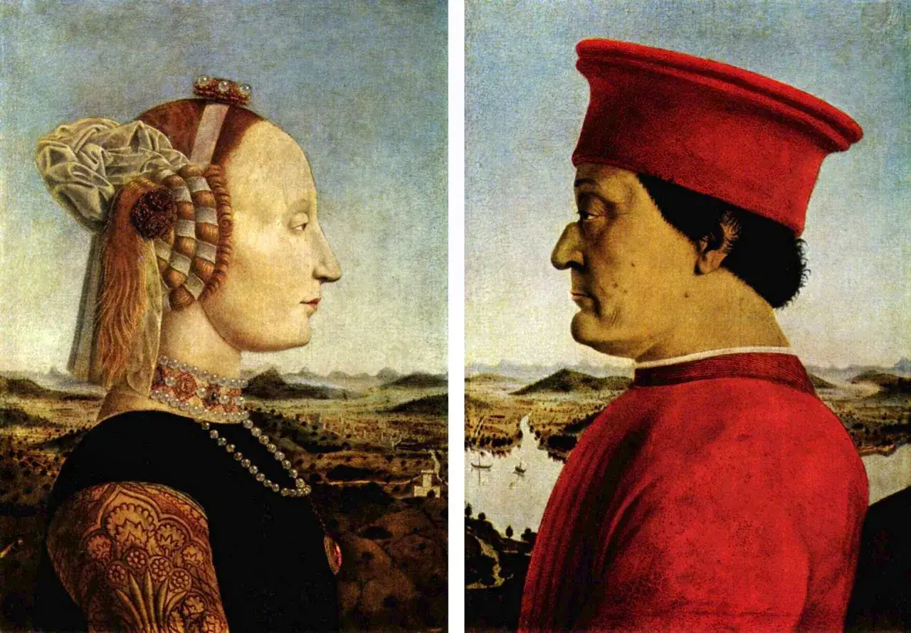 Portret kobiety i mężczyzny z epoki renesansu, ukazani z profilu na tle krajobrazu.