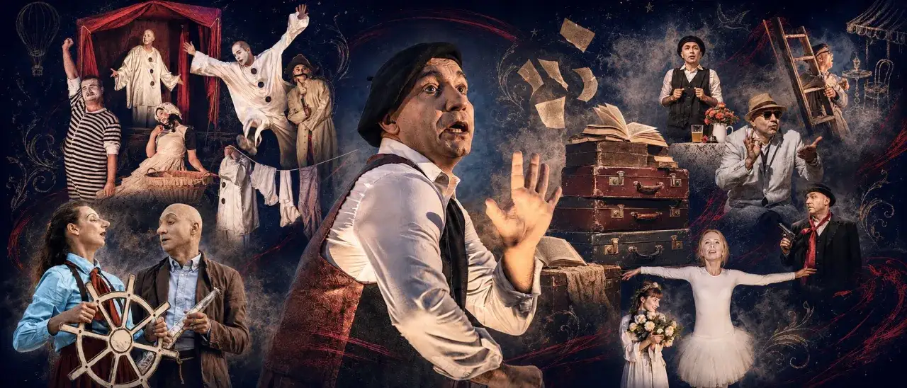 Scena pełna postaci w stylu pantomimy: klauni, aktorzy w strojach z epoki, walizki i latające kartki tworzą magiczny kolaż.