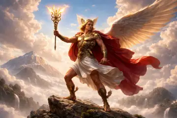 Hermes mitologia: skrzydlaty posłaniec bogów z kaduceuszem w dłoni, na tle gór i chmur.