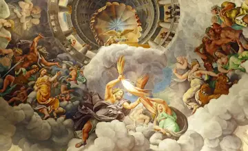 Malowidło przedstawia scenę z mitologii, gdzie Zeus ciska piorunami. To doskonały przykład, co to jest mitologia.