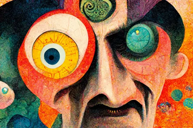 Dadaizm co to? Surrealistyczny portret z wykrzywioną twarzą, wielkimi, kolorowymi oczami i wirującymi kształtami.